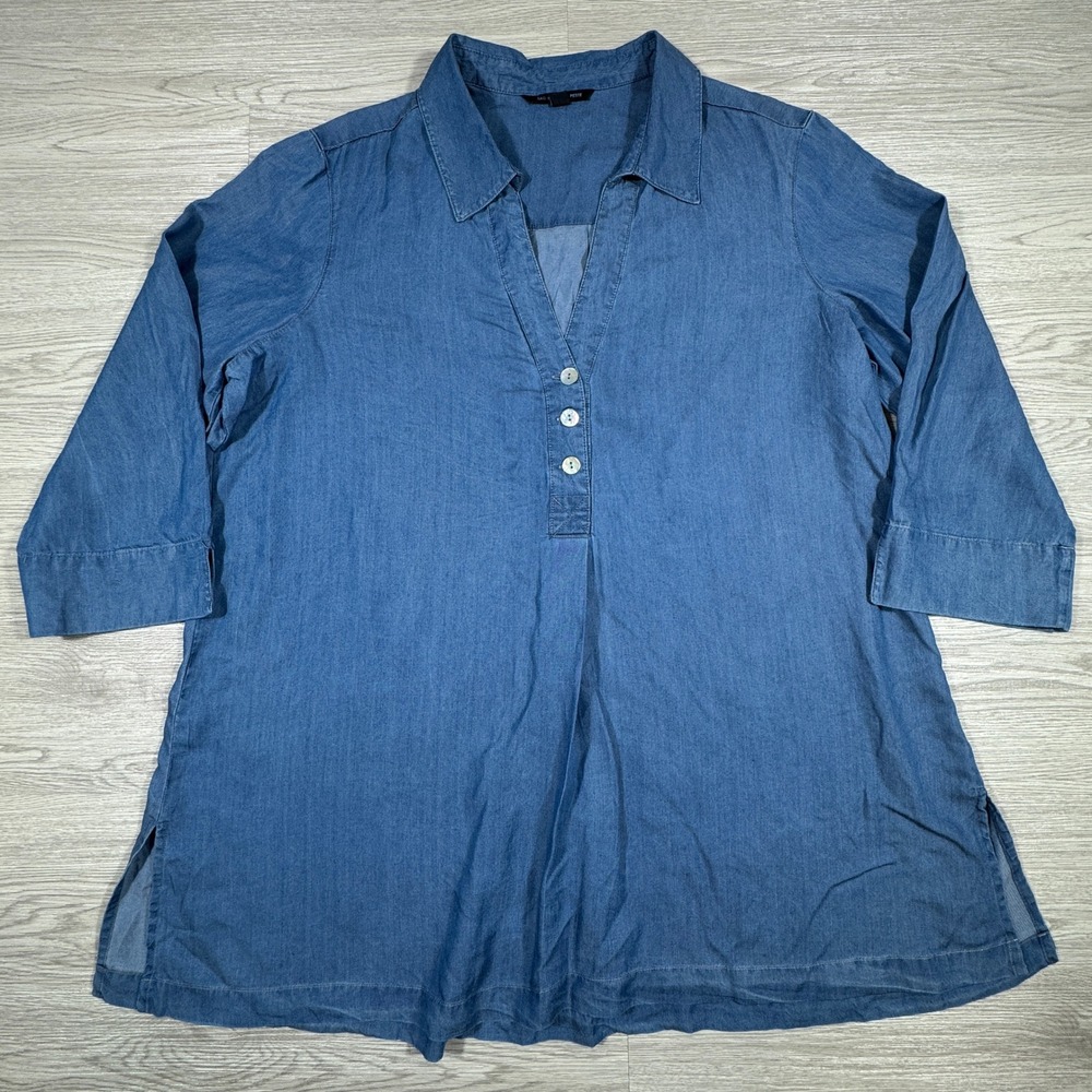 Zac & Rachel Women's Tunic Top Blue Denim Henley 3/4 Sleeve PXL Lyocell Blouse